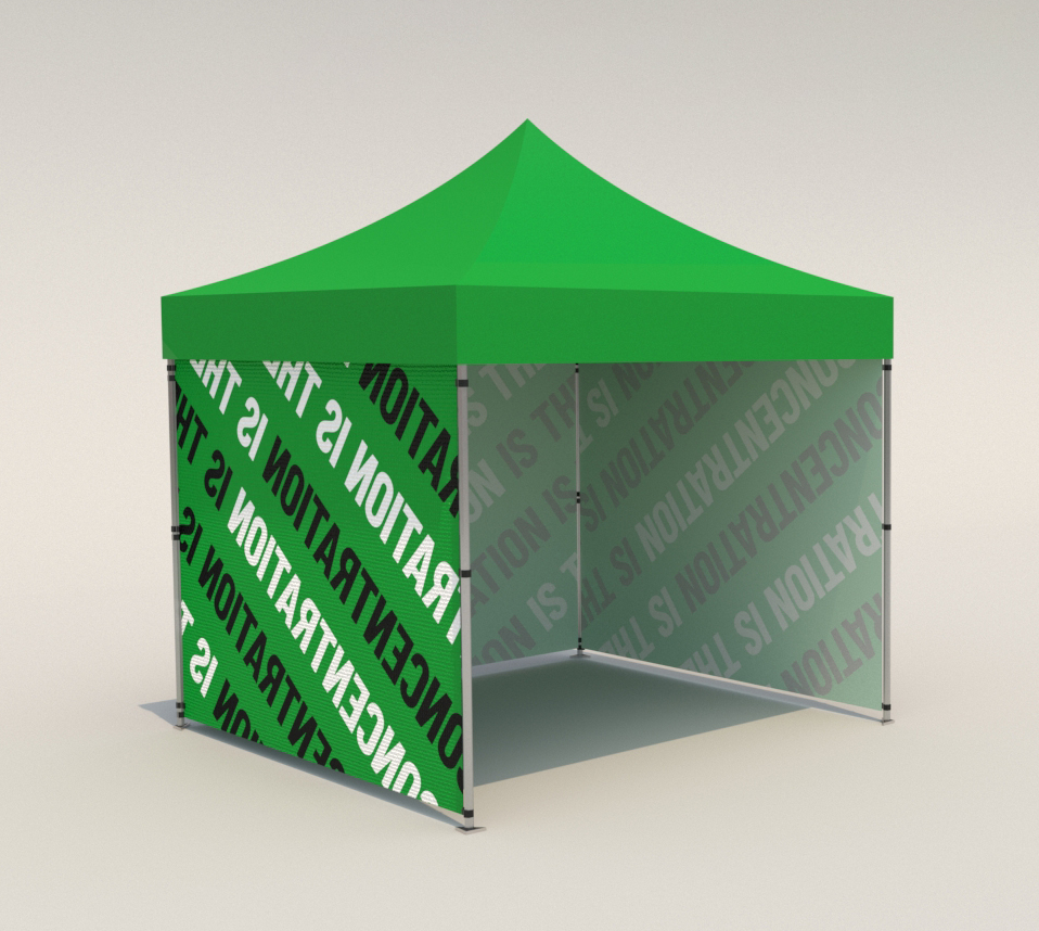 Vihreä tapahtumateltta Pop up teltta kuvassa jossa painettu teltta 3x3 alumiinia quick up